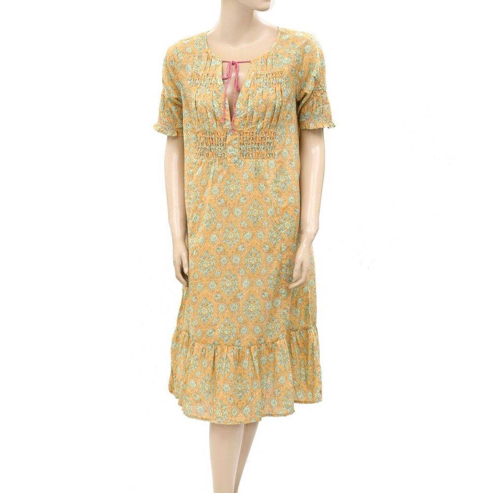 Odd Molly Anthropologie Floral Print Midi Dress Smocked Ruffle Cotton XS